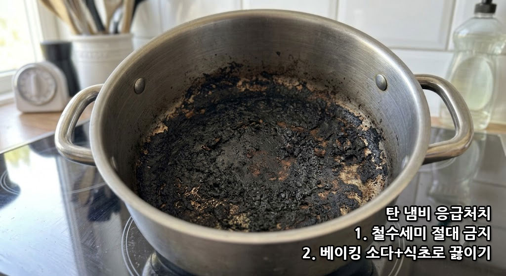 탄 냄비에 베이킹소다와 식초를 넣고 끓여 하얀 거품이 올라오며 탄 때를 불리는 모습